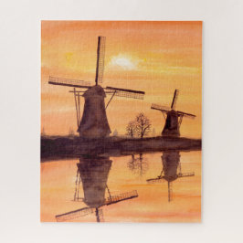 Windmills Sunset - Watercolor Painting