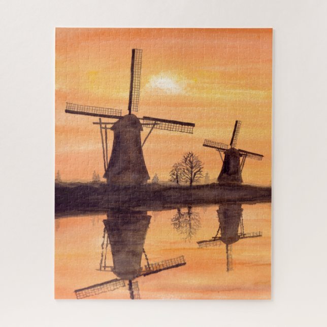 Windmills Sunset - Watercolor Painting (Vertikal)