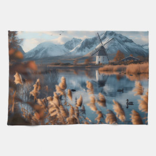Windmühle auf einem See mit Berglandschaft Geschirrtuch