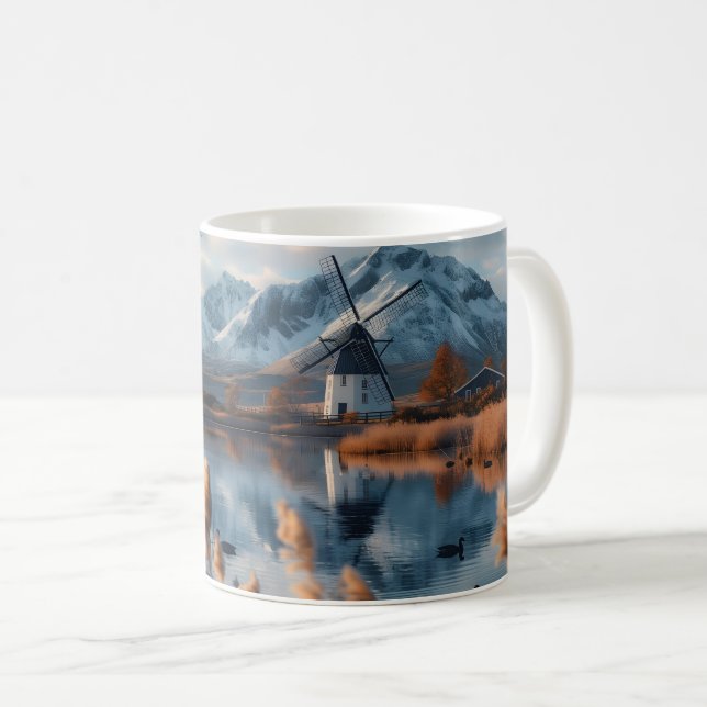 Windmühle auf einem See mit Berglandschaft Kaffeetasse (VorderseiteRechts)