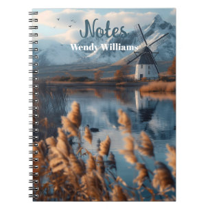 Windmühle auf einem See mit Berglandschaft Notizblock