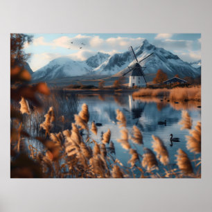 Windmühle auf einem See mit Berglandschaft Poster