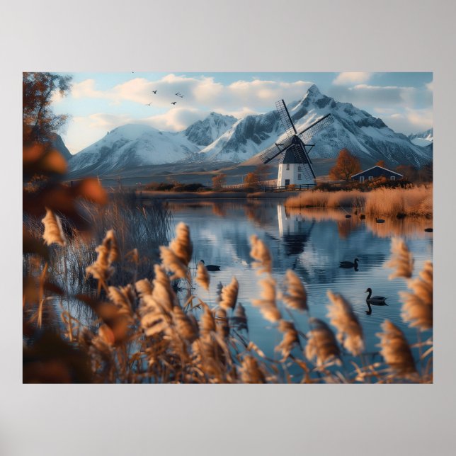 Windmühle auf einem See mit Berglandschaft Poster (Vorne)