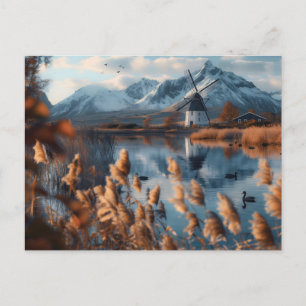 Windmühle auf einem See mit Berglandschaft Postkarte