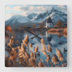 Windmühle auf einem See mit Berglandschaft Quadratische Wanduhr