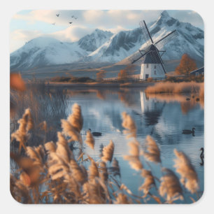 Windmühle auf einem See mit Berglandschaft Quadratischer Aufkleber