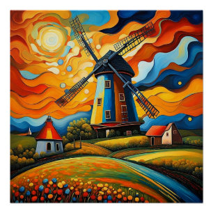 Windmühle bei Sonnenuntergang 10 Poster