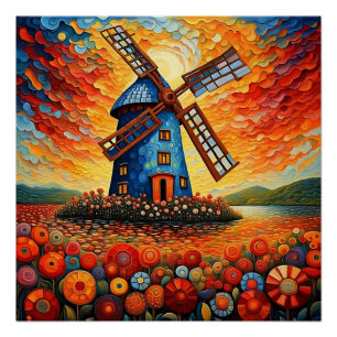 Windmühle bei Sonnenuntergang 3 Poster