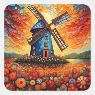 Windmühle bei Sonnenuntergang 3 Quadratischer Aufkleber