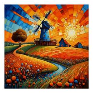Windmühle bei Sonnenuntergang 5 Poster