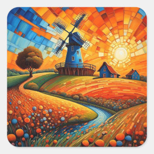 Windmühle bei Sonnenuntergang 5 Quadratischer Aufkleber
