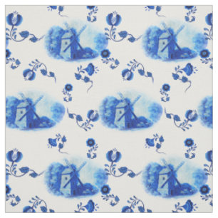 Windmühle, blaues Delft-Muster, Volksblumendruck Stoff