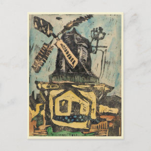 Windmühle handkolorierter Holzschnitt Grafik Postkarte