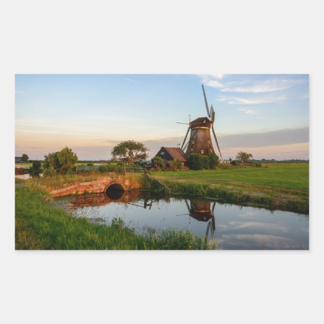 Windmühle im ländlichen Holland, rechteckig Rechteckiger Aufkleber (Vorderseite)