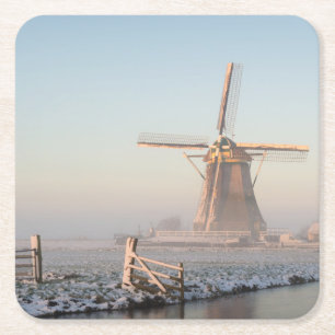 Windmühle im Schnee am Sonnenaufgang-Untersetzer Rechteckiger Pappuntersetzer