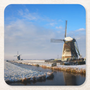 Windmühle im Schnee in einer niederländischen Wi Rechteckiger Pappuntersetzer