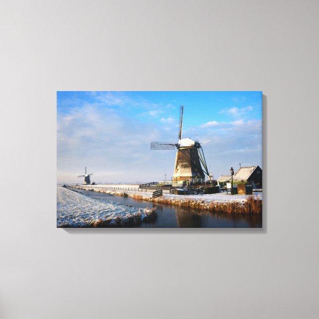 Windmühle im Schnee in einer niederländischen Wint Leinwanddruck (Vorderseite)
