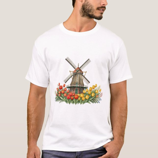Windmühle Im Tulpenfeld Mit Blumenhaus T-Shirt (Vorderseite)