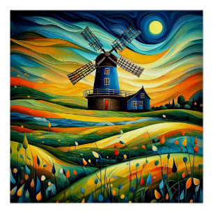 Windmühle in der Nacht 8 Poster