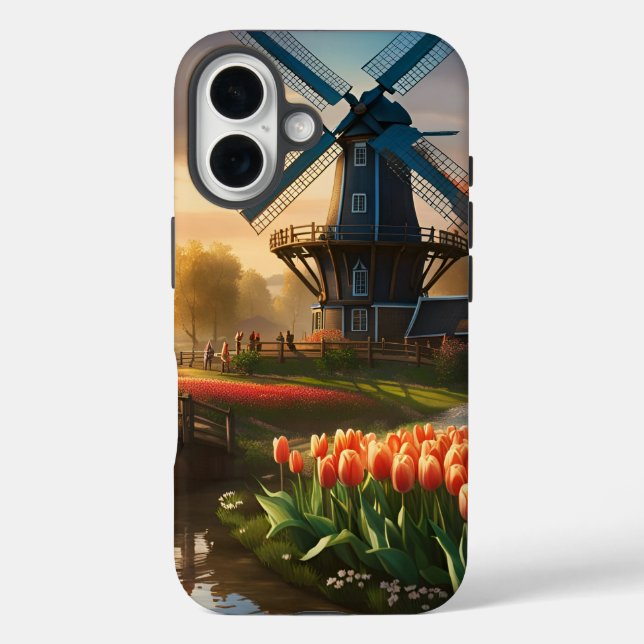 Windmühle in holländischer Landschaft am Fluss mit iPhone 16 Hülle (Rückseite)