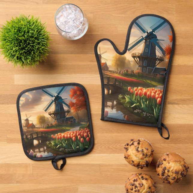 Windmühle in holländischer Landschaft am Fluss mit Ofenhandschuh & Topflappen-Set (Oben Unten)