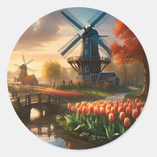 Windmühle in holländischer Landschaft am Fluss mit Runder Aufkleber