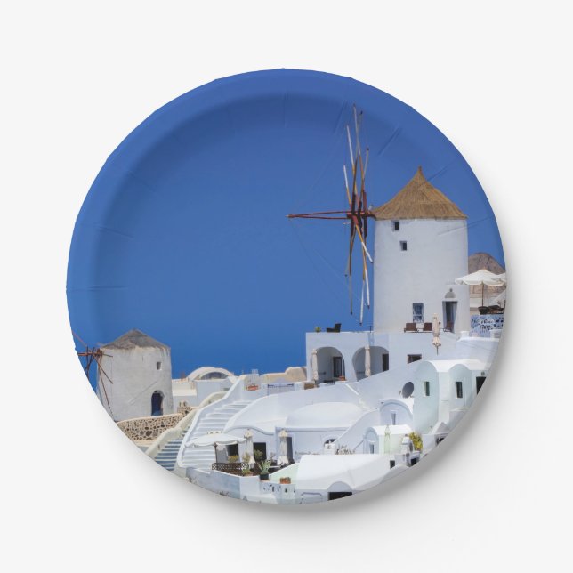 Windmühle in Oia, Santorini, Griechenland Pappteller (Vorderseite)