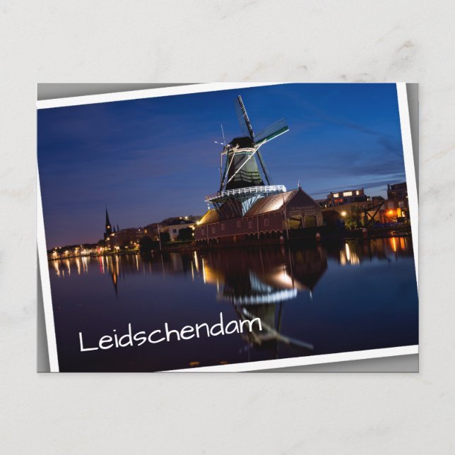 Windmühle Leidschendam mit Reflexion in der Nacht Postkarte (Vorderseite)