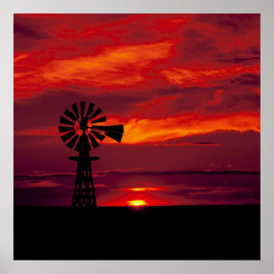 Windmühle und Sonnenuntergang Poster