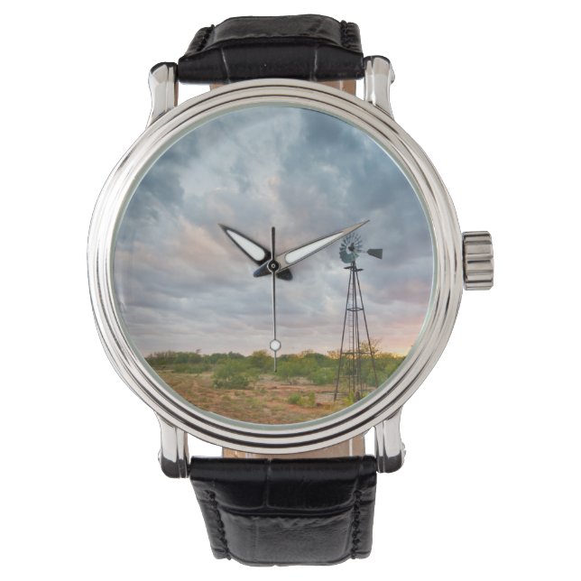Windmühle und Wolken bei Sonnenuntergang Armbanduhr (Vorderseite)