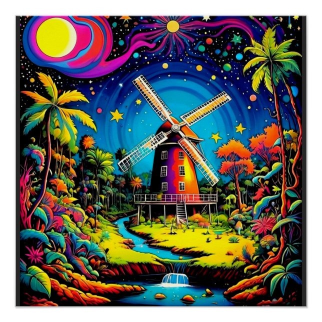 Windmühle unter Sternenhimmel 3 Poster (Vorderseite)