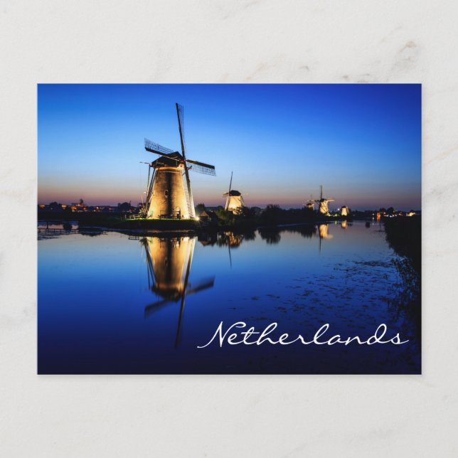 Windmühlen bei Blue Hour in den Niederlanden Postk Postkarte (Vorderseite)
