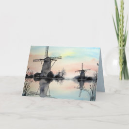 Windmühlen bei Morgendämmerung Wasserfarben Landsc Dankeskarte