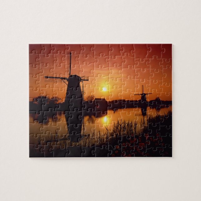 Windmühlen bei Sonnenuntergang, Kinderdijk, Nieder (Horizontal)