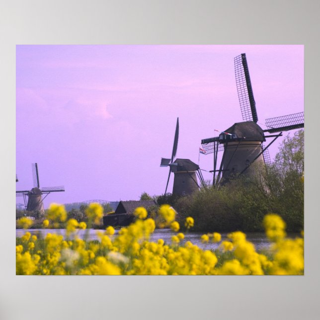 Windmühlen entlang des Kanals in Kinderdijk, Poster (Vorne)