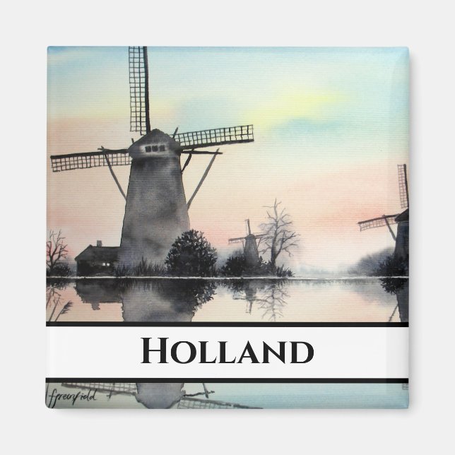 Windmühlen im Morgengrauen - Aquarellmalerei Magnet (Vorne)
