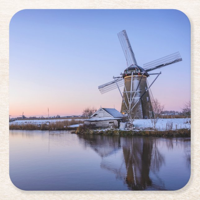 Windmühlen im Winter in einem Sonnenaufgang, Rechteckiger Pappuntersetzer (Vorderseite)