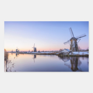 Windmühlen im Winter in Holland rechteckiger Aufkl Aufkleber
