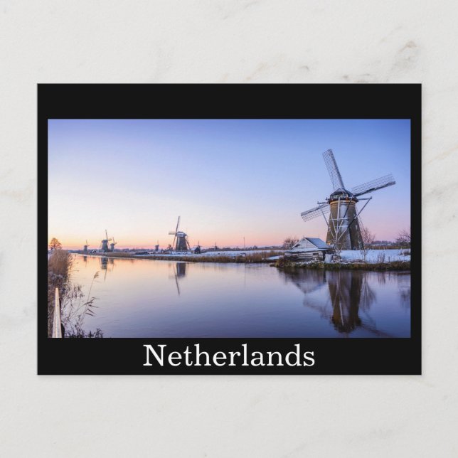 Windmühlen im Winter schwarzer Text Postkarte (Vorderseite)