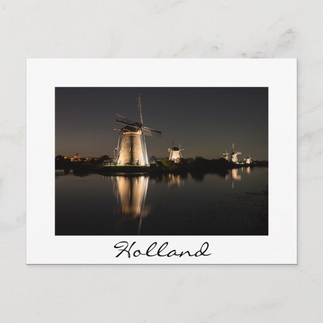 Windmühlen leuchten nachts auf weißer Postkarte (Vorderseite)