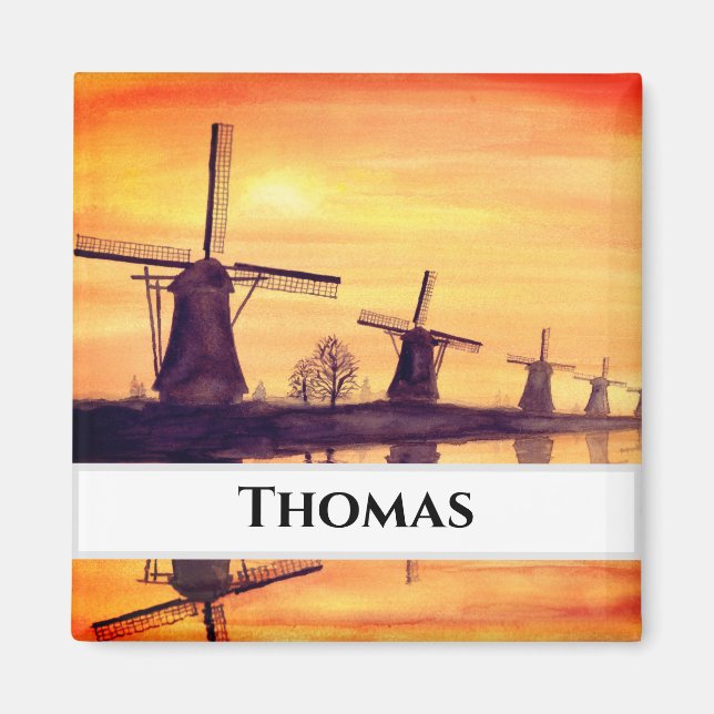 Windmühlen Sonnenuntergang - Aquarellmalerei Magnet (Vorne)