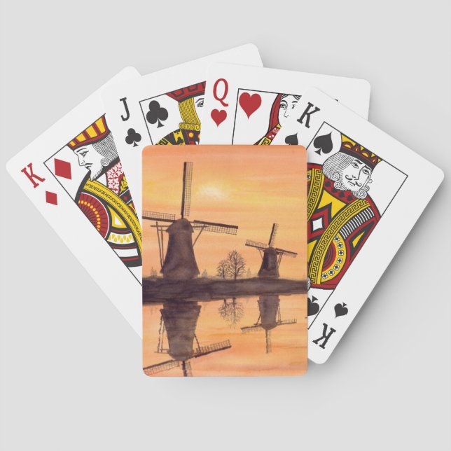 Windmühlen Sonnenuntergang - Aquarellmalerei Spielkarten (Rückseite)