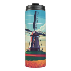 Windmühlen-Tulpenfeld Niederlande Illustration Thermosbecher