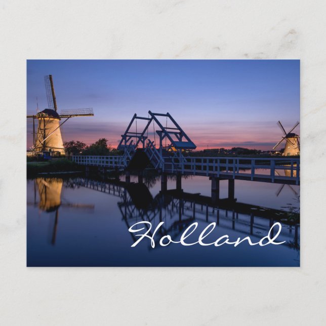 Windmühlen und eine Zugbrücke bei Sonnenuntergang  Postkarte (Vorderseite)