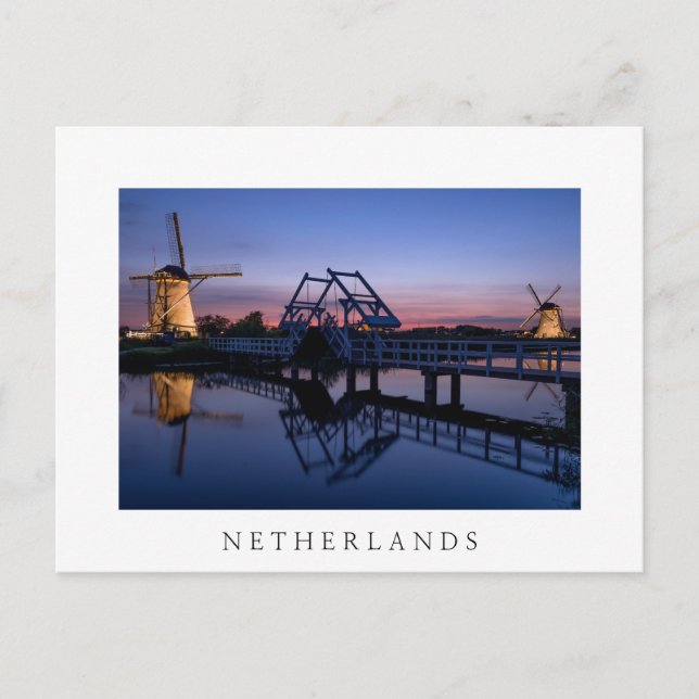 Windmühlen und Zugbrücke bei Sonnenuntergang weiße Postkarte (Vorderseite)