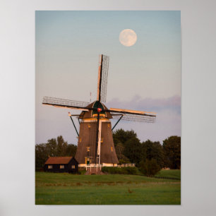 Windmühlenplakat unter Vollmond Poster