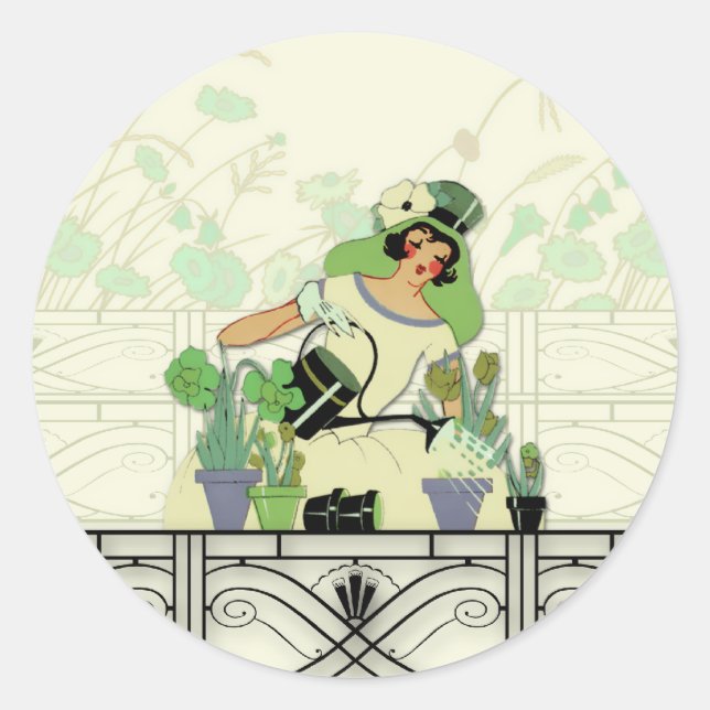 WINDOW GARDEN, ART DECO LADY: SOMMERGRÜNTÖNE RUNDER AUFKLEBER (Vorderseite)