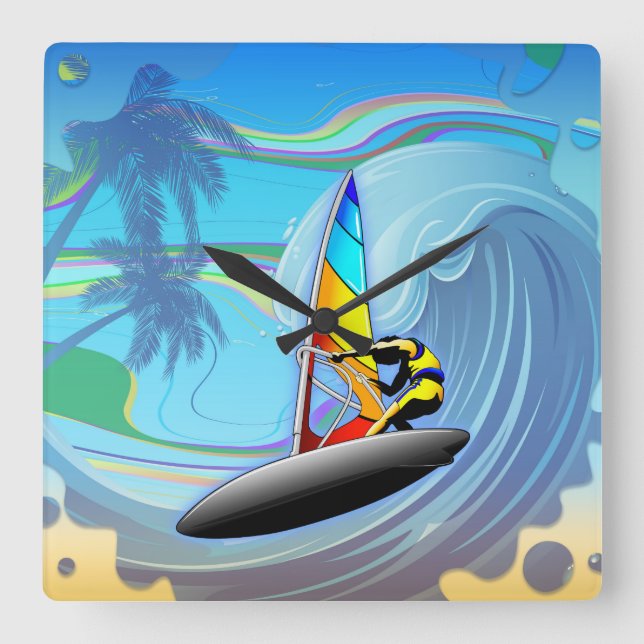 WindSurfer on Ocean Waves Wall Clock Quadratische Wanduhr (Vorderseite)