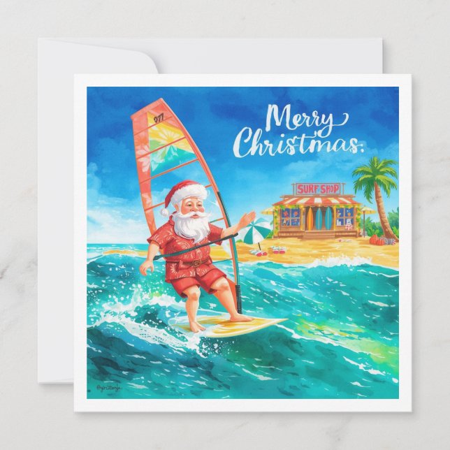 Windsurfing Santa Beach Christmas Card Feiertagskarte (Vorderseite)