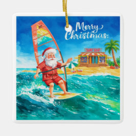 Windsurfing Santa Beach Christmas Card Keramikornament